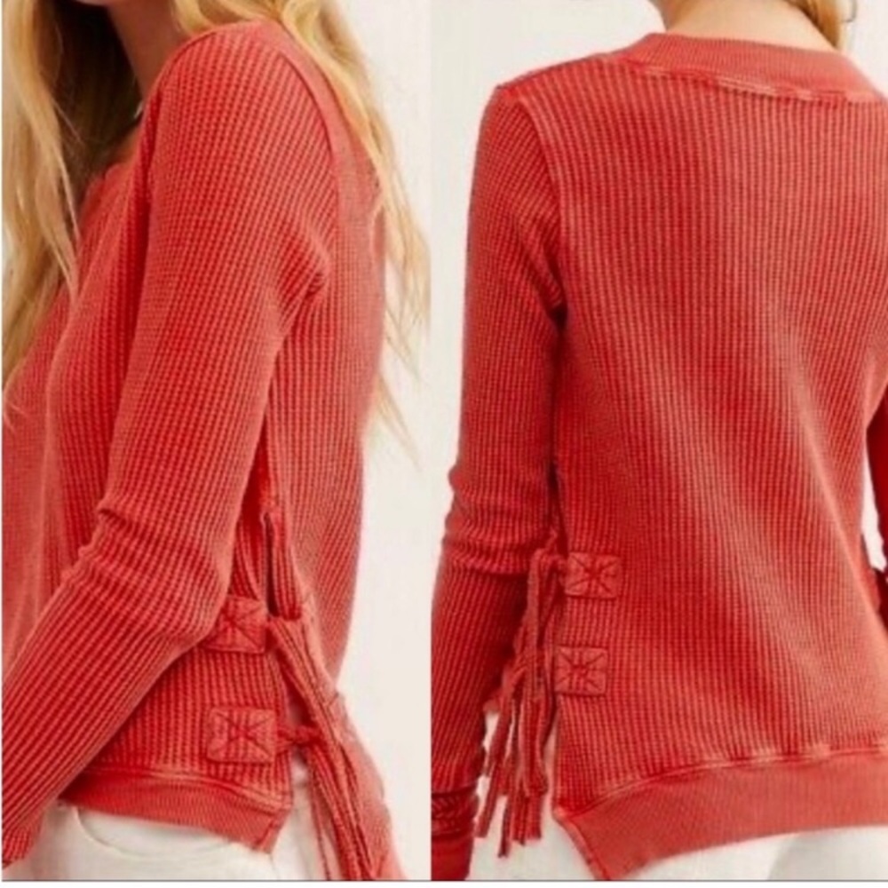 Free People One interlaken thermal waffle knit long sleeve side tie red top, XS - Picture 2 of 10